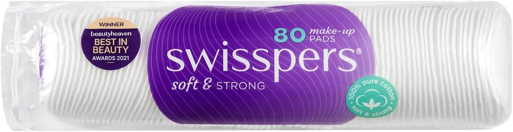 Swisspers Make-Up Pads, 80 Pack - 100% Pure Cotton, Triple-Combed Plump Pads with Stitched Edges, Ideal for Micellar Water & Makeup Removal