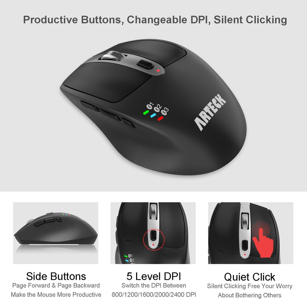 Arteck Universal Multi-Device Bluetooth Keyboard & Mouse Set - Full Size Wireless for Windows, iOS, Android