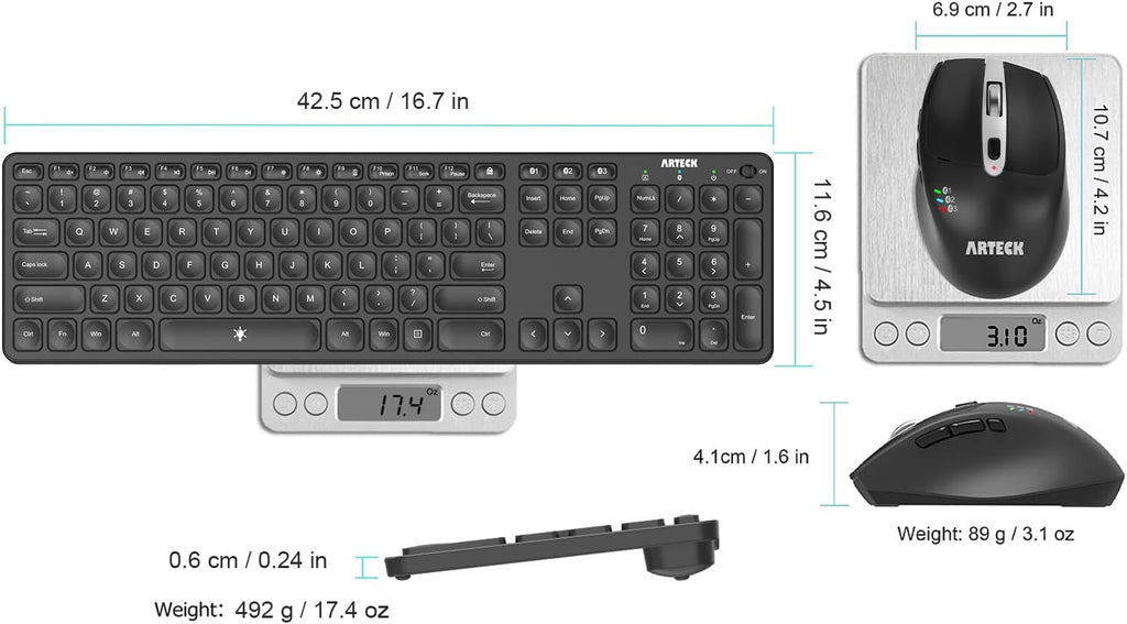Arteck Universal Multi-Device Bluetooth Keyboard & Mouse Set - Full Size Wireless for Windows, iOS, Android