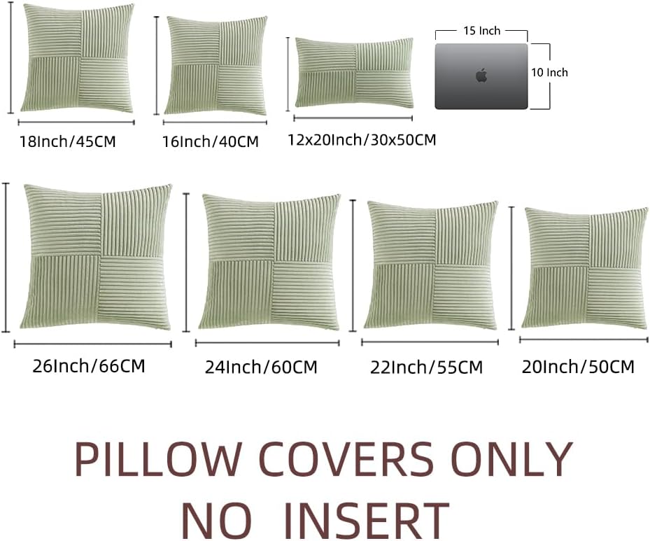 Fancy Homi 2 Packs Sage Green Decorative Throw Pillow Covers 18x18 Inch for Living Room Couch Bed Sofa, Farmhouse Boho Home Decor, Soft Corss Corduroy Patchwork Textured Square Cushion Case 45x45 cm