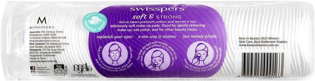 Swisspers Make-Up Pads, 80 Pack - 100% Pure Cotton, Triple-Combed Plump Pads with Stitched Edges, Ideal for Micellar Water & Makeup Removal