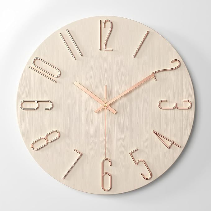 Wall Clock - Modern Wall Clocks Battery Operated, 12 Inch Silent Non-Ticking, Simple Wooden Decorative Clock for Bathroom, Office, Bedroom, Home, Kitchen, Living Room (Rose Gold)