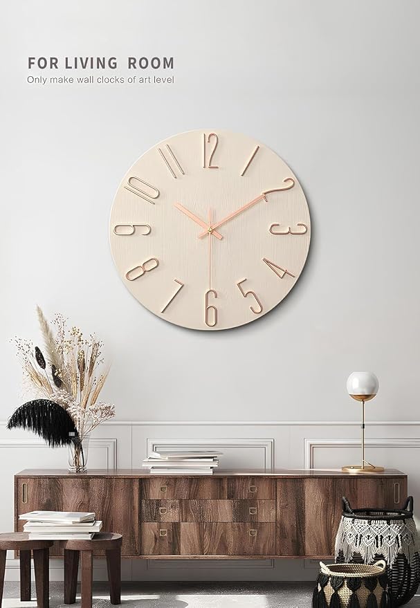 Wall Clock - Modern Wall Clocks Battery Operated, 12 Inch Silent Non-Ticking, Simple Wooden Decorative Clock for Bathroom, Office, Bedroom, Home, Kitchen, Living Room (Rose Gold)