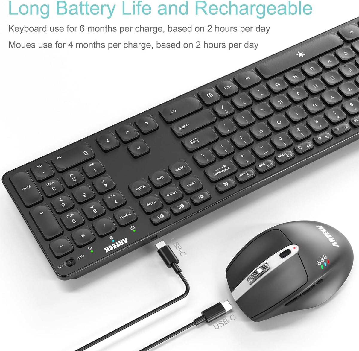 Arteck Universal Multi-Device Bluetooth Keyboard & Mouse Set - Full Size Wireless for Windows, iOS, Android