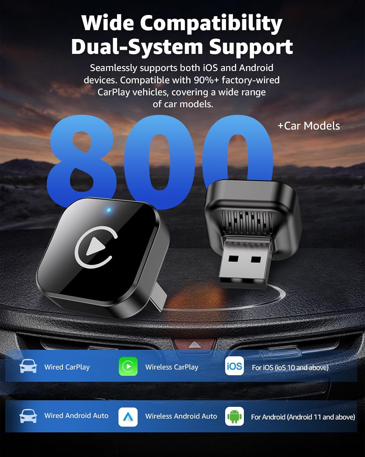 Wireless CarPlay Adapter 2026 Upgrade - 2-in-1 USB/USB-C Dongle, Auto Reconnect, iPhone & Android Compatible, Black