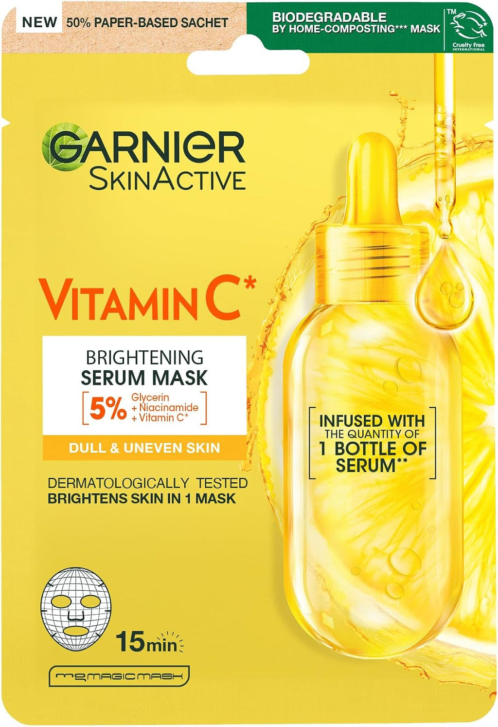 Garnier SkinActive Moisture Bomb Vitamin C Sheet Mask, Hydrating & Brightening Face Mask, Enriched With Vitamin C & Hyaluronic Acid Serum, Vegan Tissue