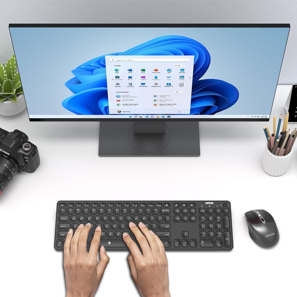 Arteck Universal Multi-Device Bluetooth Keyboard & Mouse Set - Full Size Wireless for Windows, iOS, Android