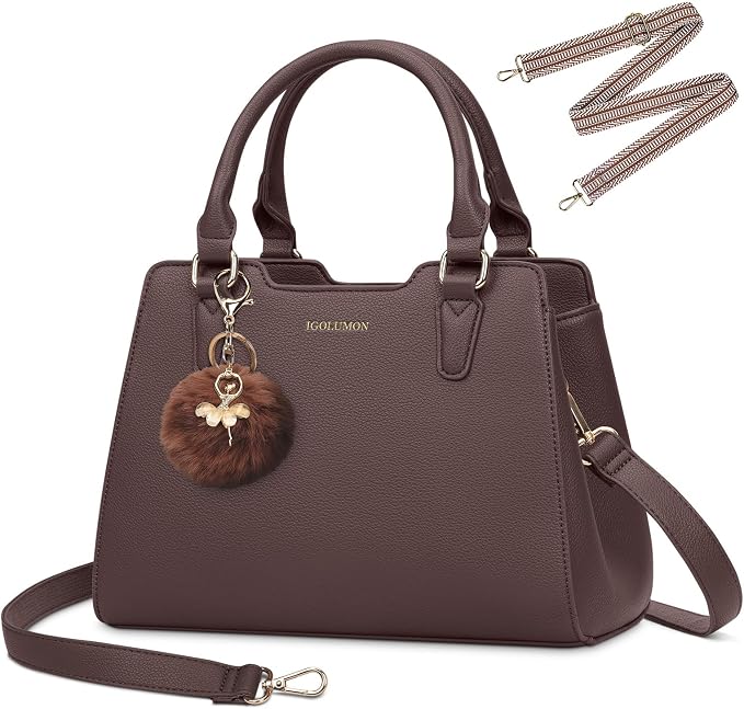 IGOLUMON Women's Top-Handle Handbags PU Vegan Leather Satchel Purses for Women Designer Tote Purse Handbag with Cute Pompom