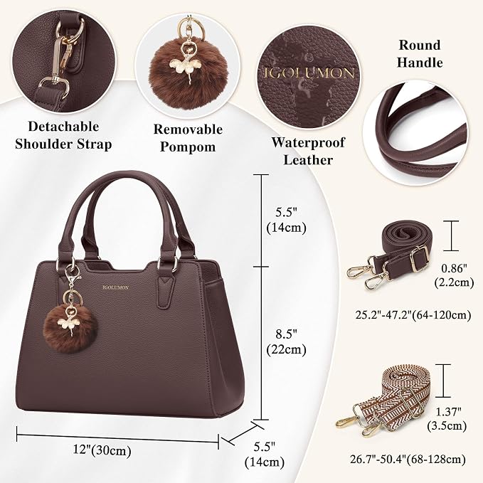 IGOLUMON Women's Top-Handle Handbags PU Vegan Leather Satchel Purses for Women Designer Tote Purse Handbag with Cute Pompom