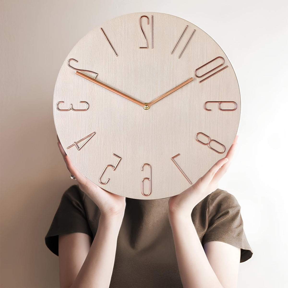 Wall Clock - Modern Wall Clocks Battery Operated, 12 Inch Silent Non-Ticking, Simple Wooden Decorative Clock for Bathroom, Office, Bedroom, Home, Kitchen, Living Room (Rose Gold)