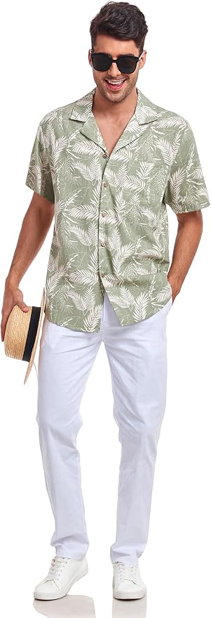 Men's Casual Button-Down Shirts Short Sleeve Summer Cotton Linen Hawaiian Shirt