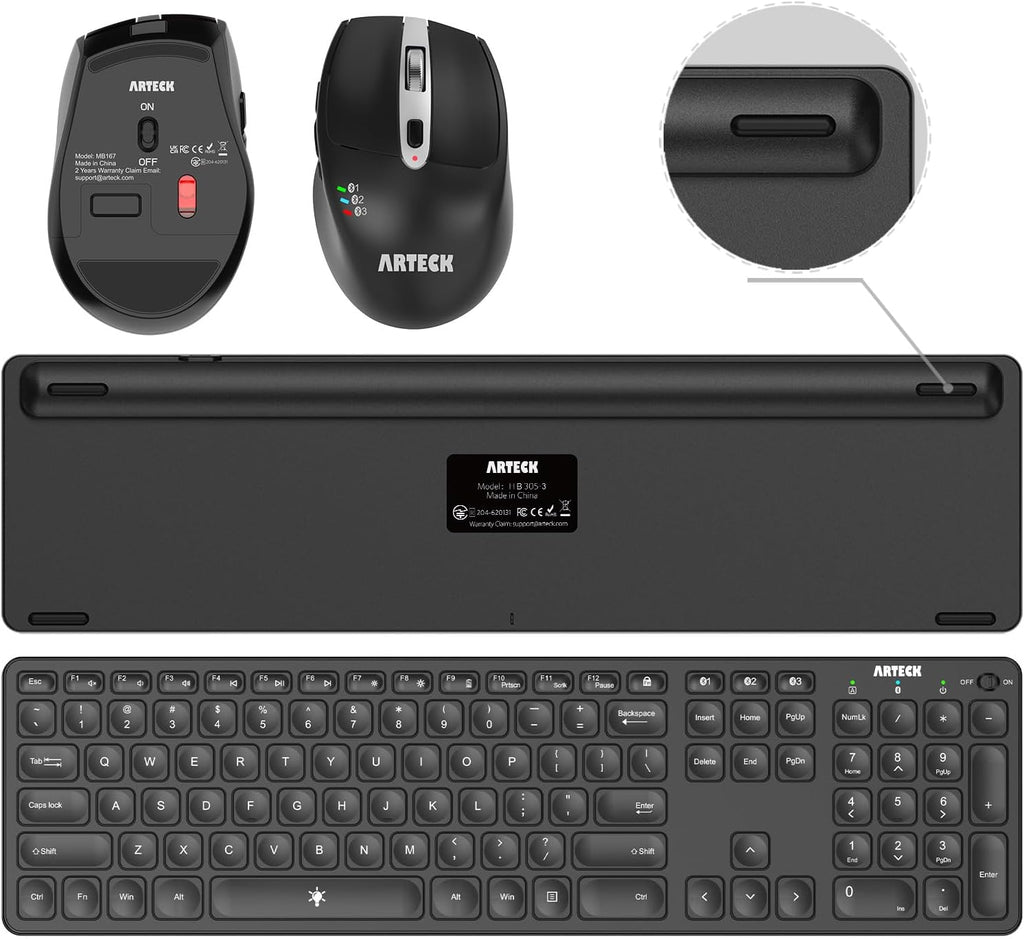 Arteck Universal Multi-Device Bluetooth Keyboard & Mouse Set - Full Size Wireless for Windows, iOS, Android
