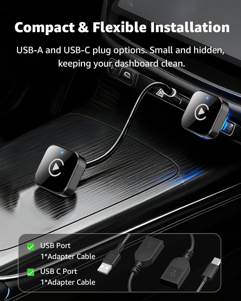 Wireless CarPlay Adapter 2026 Upgrade - 2-in-1 USB/USB-C Dongle, Auto Reconnect, iPhone & Android Compatible, Black