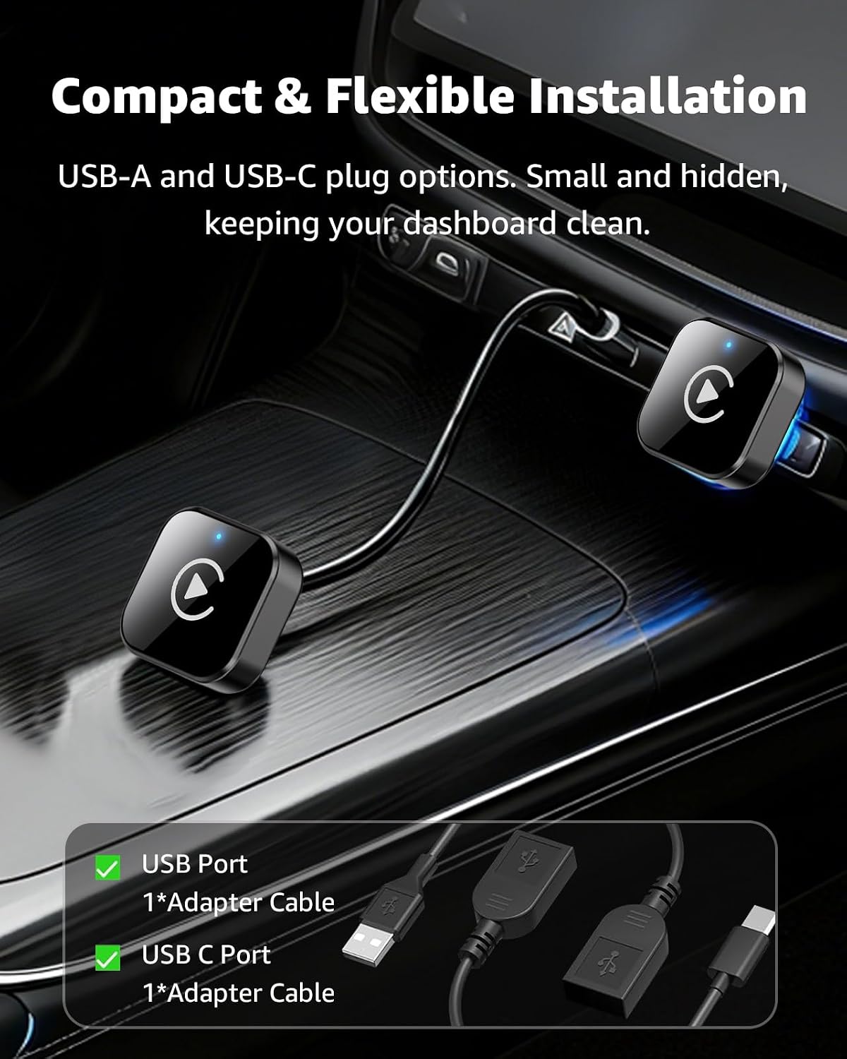 Wireless CarPlay Adapter 2026 Upgrade - 2-in-1 USB/USB-C Dongle, Auto Reconnect, iPhone & Android Compatible, Black