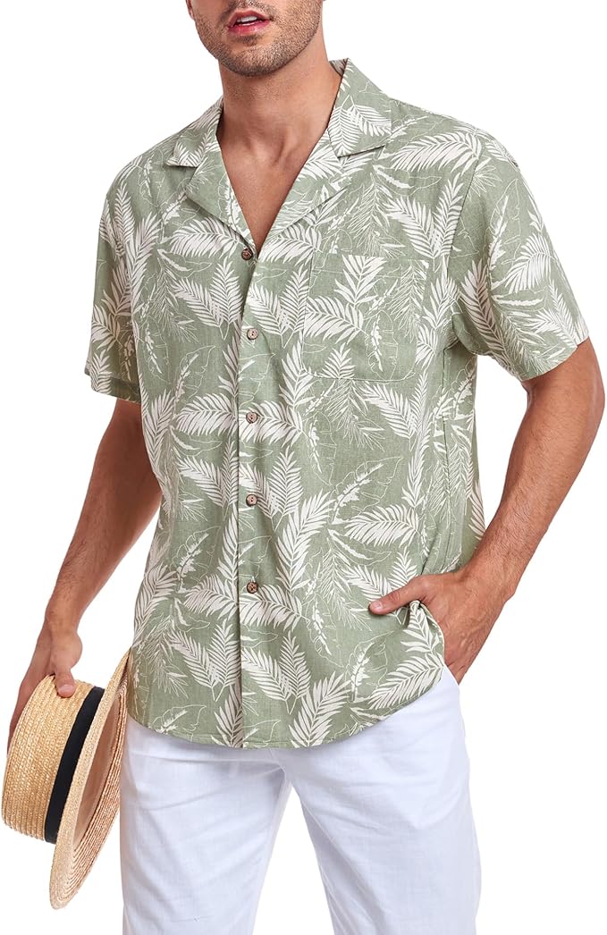 Men's Casual Button-Down Shirts Short Sleeve Summer Cotton Linen Hawaiian Shirt