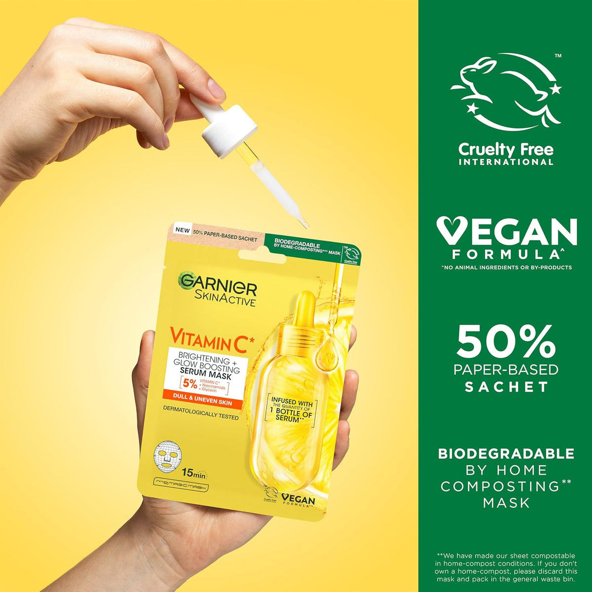 Garnier SkinActive Moisture Bomb Vitamin C Sheet Mask, Hydrating & Brightening Face Mask, Enriched With Vitamin C & Hyaluronic Acid Serum, Vegan Tissue