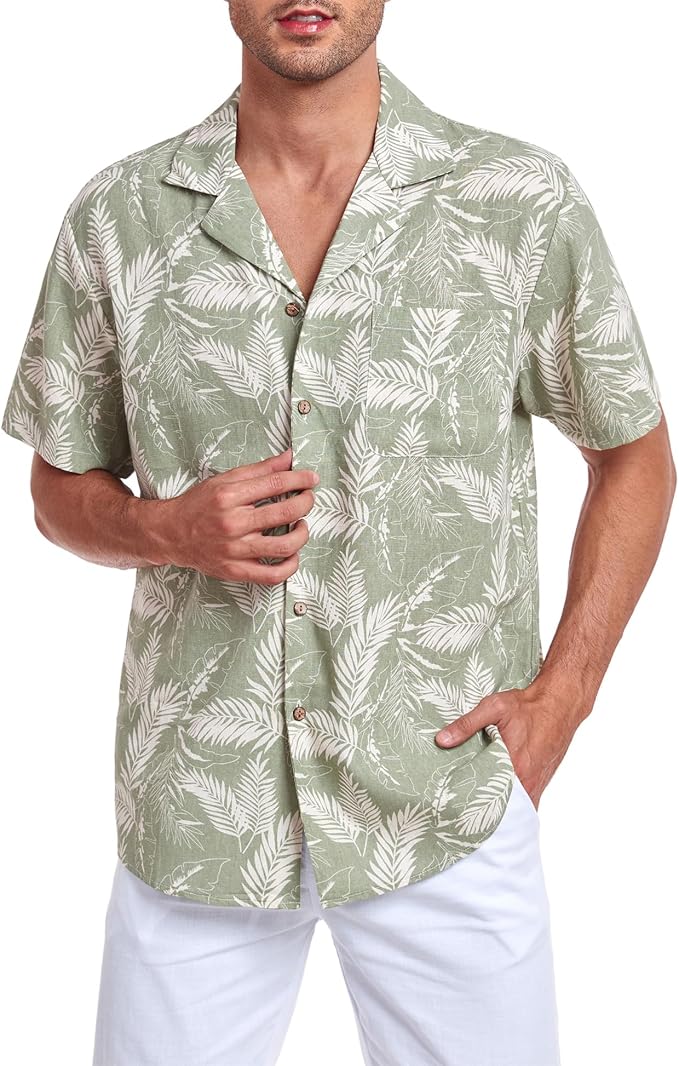 Men's Casual Button-Down Shirts Short Sleeve Summer Cotton Linen Hawaiian Shirt