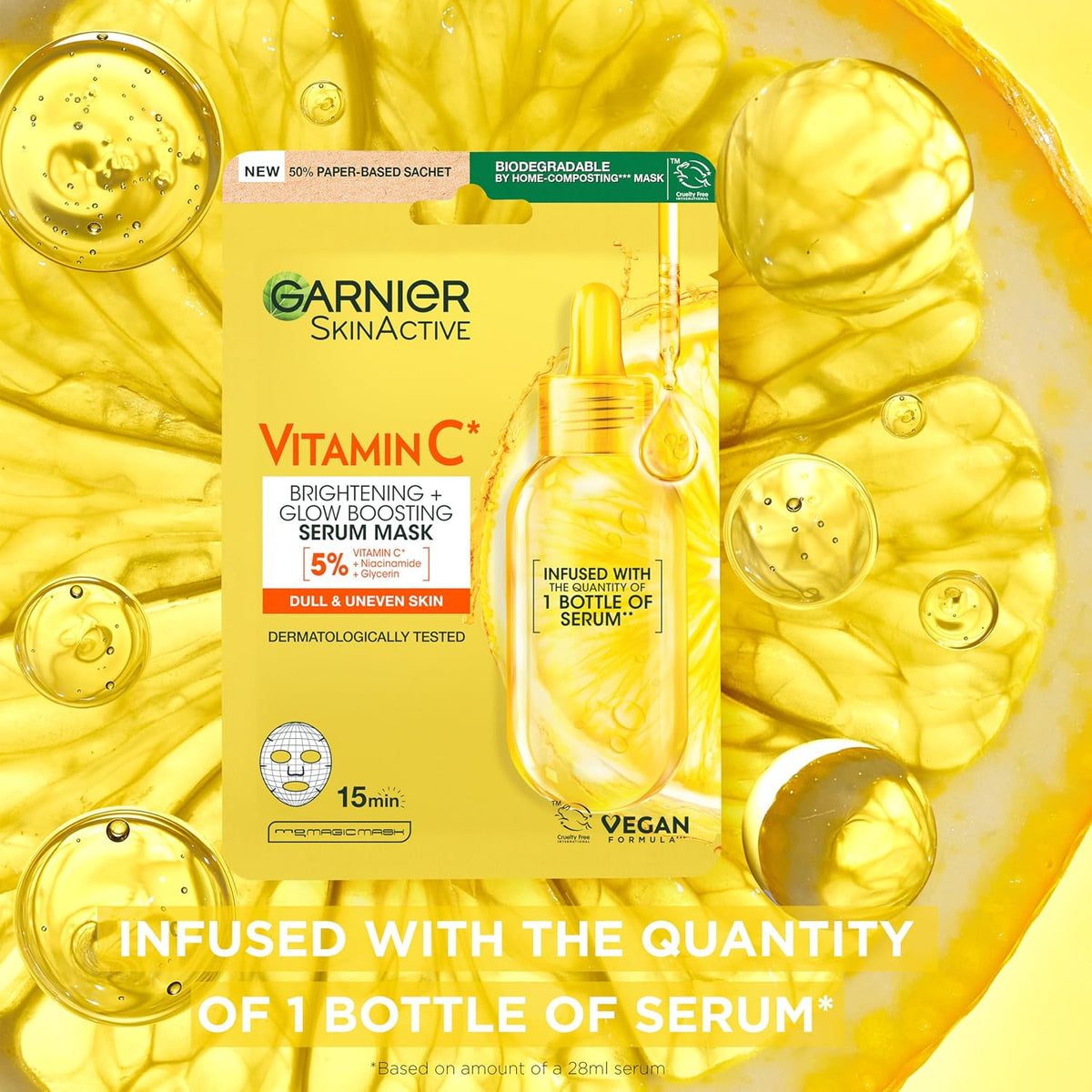 Garnier SkinActive Moisture Bomb Vitamin C Sheet Mask, Hydrating & Brightening Face Mask, Enriched With Vitamin C & Hyaluronic Acid Serum, Vegan Tissue