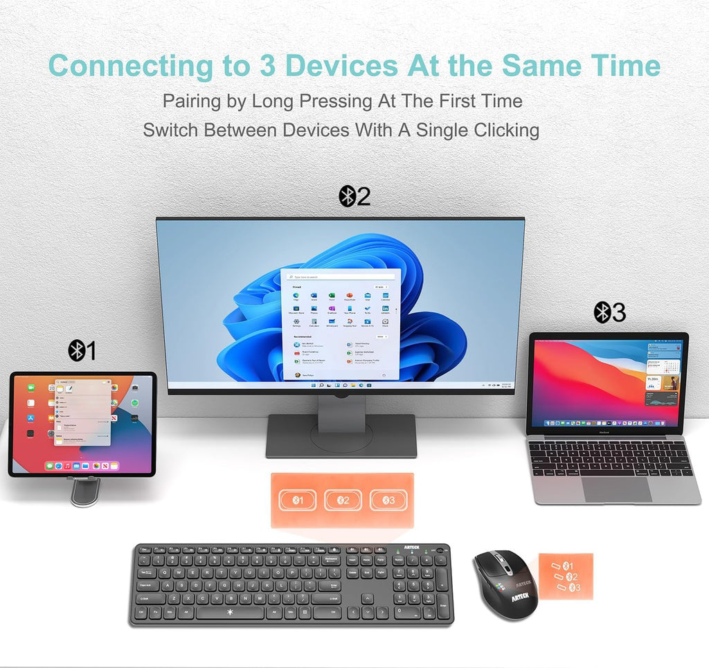 Arteck Universal Multi-Device Bluetooth Keyboard & Mouse Set - Full Size Wireless for Windows, iOS, Android