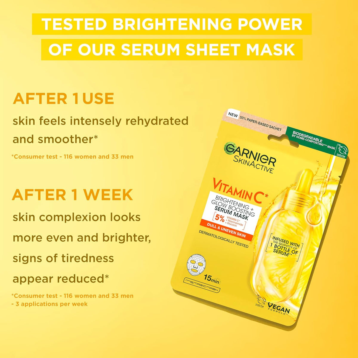 Garnier SkinActive Moisture Bomb Vitamin C Sheet Mask, Hydrating & Brightening Face Mask, Enriched With Vitamin C & Hyaluronic Acid Serum, Vegan Tissue