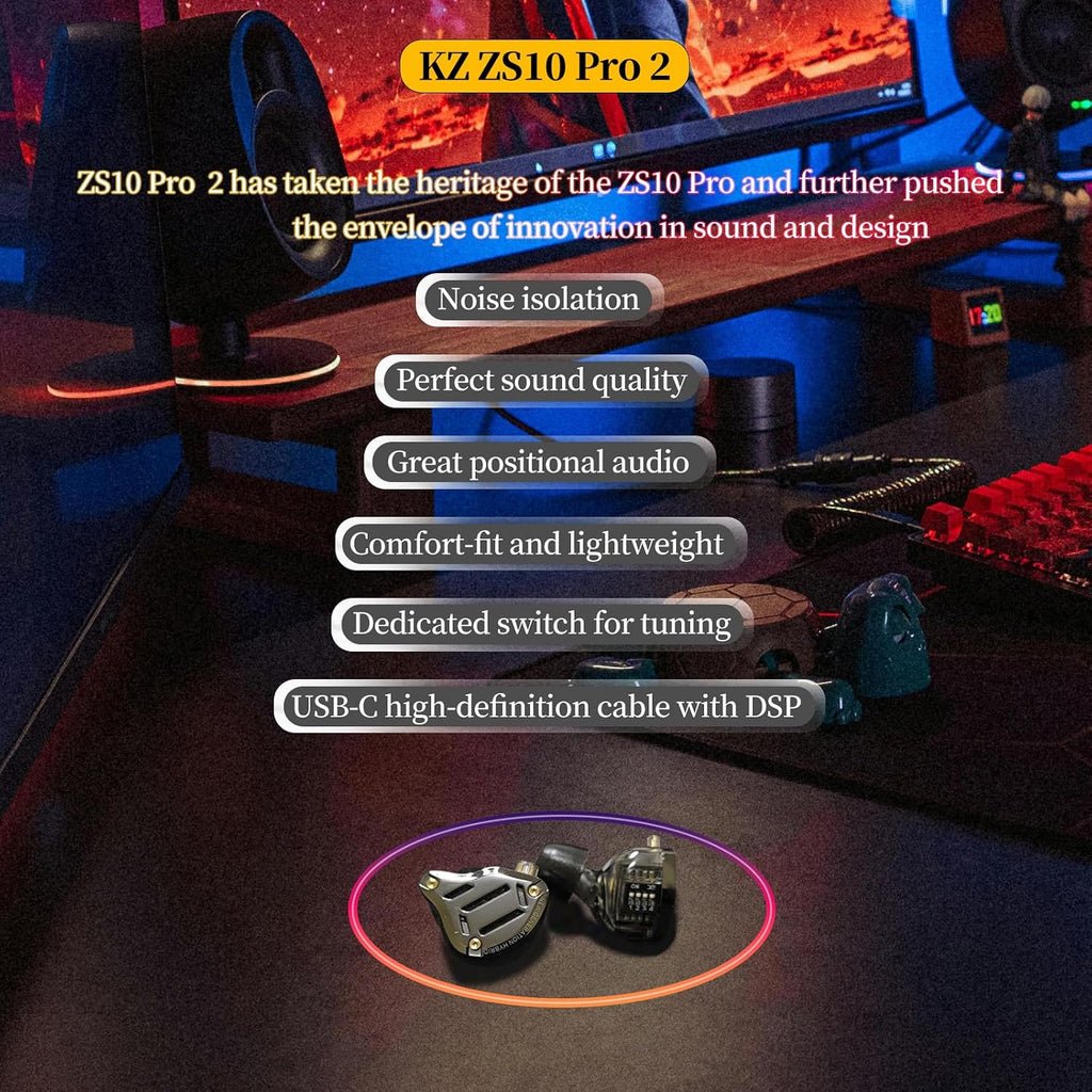 KZ ZS10 Pro 2 USB-C Gaming In-Ear Headphones - Hybrid 4BA+1DD, Dual Mic, DSP Sound Card, 4 EQ Modes